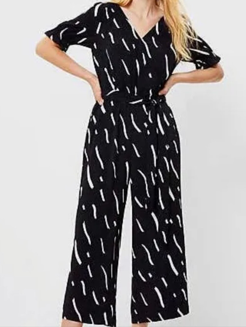 LOFT Black And White Brushstroke Wrap Jumpsuit Size XL NWT